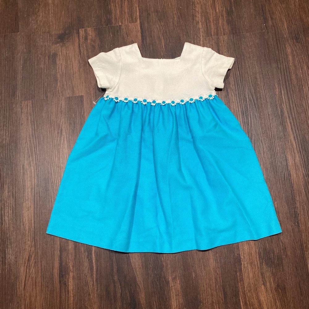 Talbots Girls Cotton Pique Dress Turquoise and White Applique Flowers Size 5